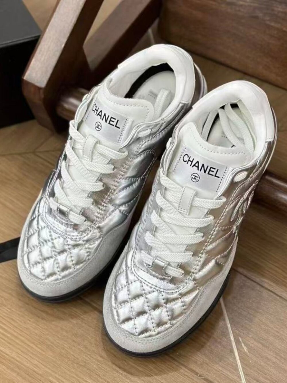 Chanel Silver Metallic Quilted CC Logo Low‑Top Sneakers